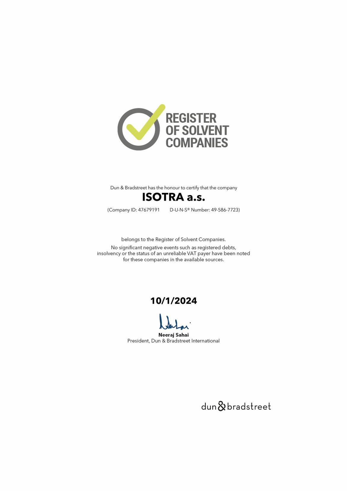 Register of solvent companies for the year 2024 Isotra